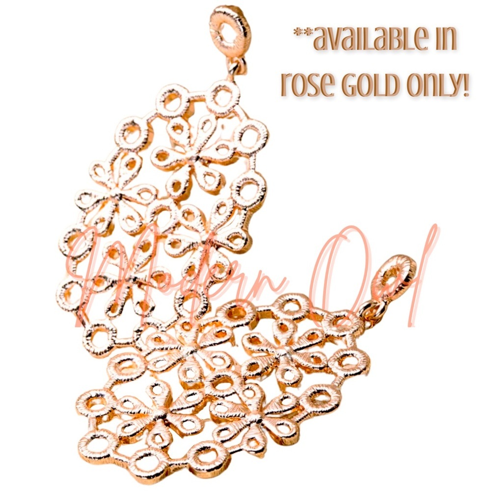 Intricate Oval Lace Flower Metal Dangle Earrings